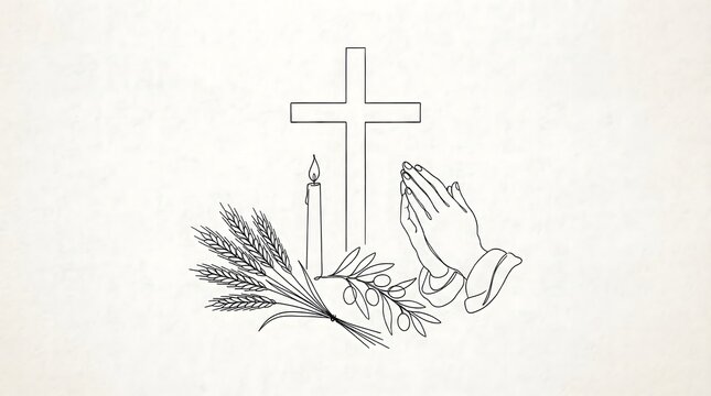 Religious Christian Symbols Set in Minimalist Line Art Style including Cross, Candle, Wheat, Olive Branch and Praying Hands