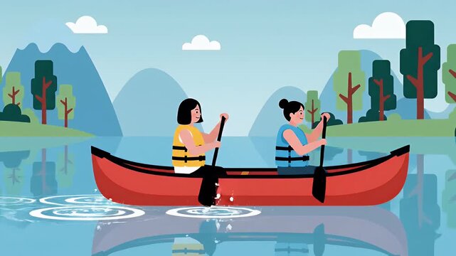 Two women paddling canoe on tranquil lake with mountains