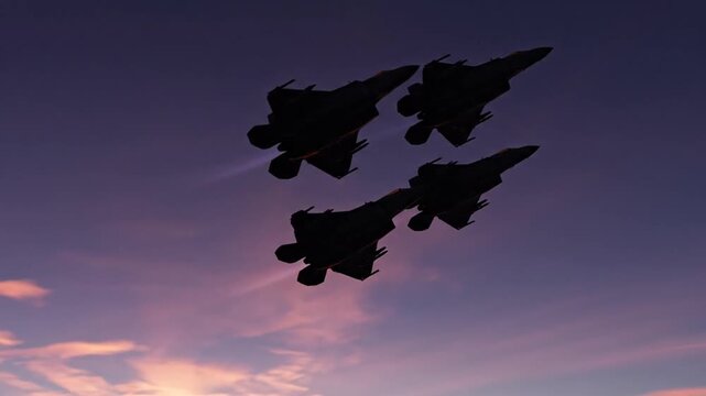 Three Fighter Jets Flying in Formation at Sunset.