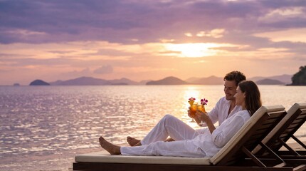 Serene Moments by the Sea: A couple revels in the tranquility of a seaside escape, sipping refreshing cocktails as they bask in the warm embrace of the setting sun. 