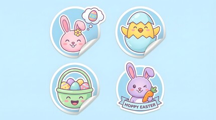 Fototapeta premium Easter Kawaii Sticker Set with Cute Bunny, Chicks in Eggs, Baby Sheep and Spring Flower Baskets in Pastel Colors