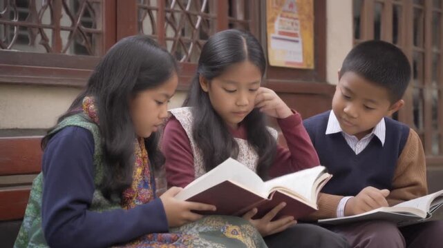 Three young students engrossed in reading books together, learning and sharing knowledge in a peaceful setting