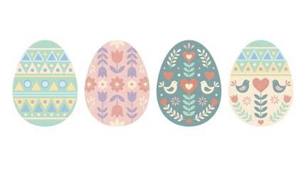 Collection of Decorative Easter Eggs with Scandinavian Folk Ornaments, Floral Patterns and Pastel Colors on White Background
