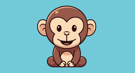 Cute Monkey Cartoon Character Sitting Isolated on Blue Background