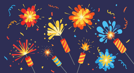 Festive Fireworks and Sparklers on Dark Blue Background with Confetti © Anisah
