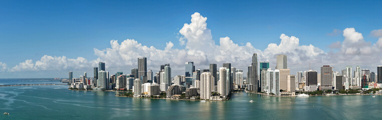 Obraz premium Panorama of Miami skyline. Panorama cityscape of Brickell Miami. Skyscrapers of Brickell. Panorama of the Miami financial district. Panorama aerial of Brickell in Miami Beach.