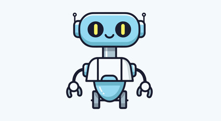 A cartoon robot with a light blue body and headphones stands against a clean white background in a flat design with a cheerful mood.