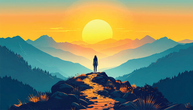 Balanced path composition symbolizing harmony calm sunrise energy. Mindful journey illustration with centered trail and soft light. Peaceful direction concept within layered mountain scenery