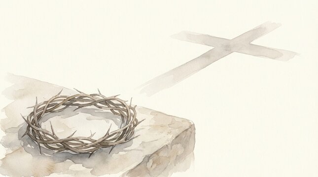 easter Christ Jesus crown of thorns cross shadow resurrection Good Friday artistic watercolor illustration of the holy sacrifice for christian religious faith and devotion.