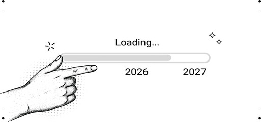 Future Timeline Loading Progress Concept with Hand Pointer, Progress Bar, and Year Transition from 2026 to 2027 Illustration