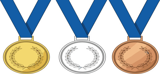 Gold Silver and Bronze Medal Set Illustration with Award Ribbons, Achievement Symbols, Competition Prizes, and Victory Honors for Sports and Recognition Design