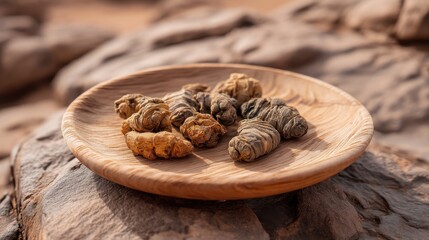 Fototapeta premium Wooden Plate Displaying Dried Silkworms on Stone Surface in Natural Environment