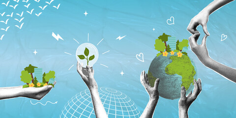 Obraz premium Building a sustainable future. A trendy halftone collage. Hands caring for the Earth and green energy. A concept for ecology and environmental protection.