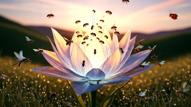 A serene landscape featuring a large flower with bees buzzing around at sunset in a meadow