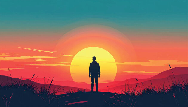 Strong silhouette grounded against intense glowing sunset. Resilient stance concept expressing inner power focus. Bold minimal figure standing firm within dramatic light