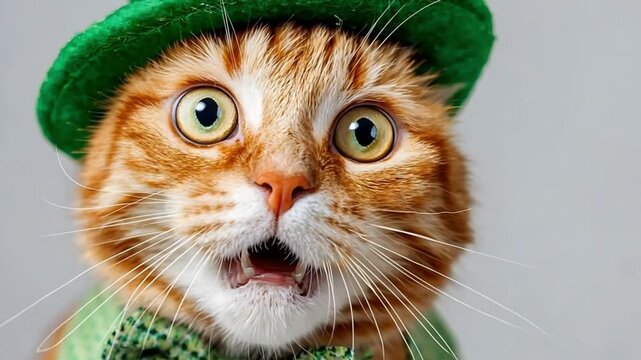 Ginger cat with surprised expression wearing a green hat and bow tie, headshot for st patrick day advertisement