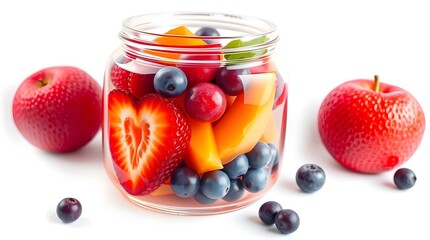 Fresh Mixed Fruit Compote in Glass Jar With Strawberries Blueberries and Apples Isolated on White Background-Fruit compote Day 