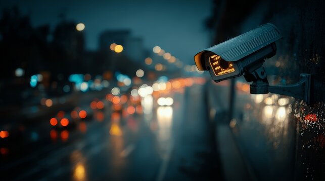 Surveillance camera monitoring busy urban street at night with blurred traffic lights and moving vehicles, city nightlife and modern security concept