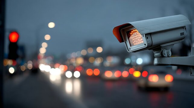 Surveillance camera monitoring busy urban street at night with blurred traffic lights and moving vehicles, city nightlife and modern security concept