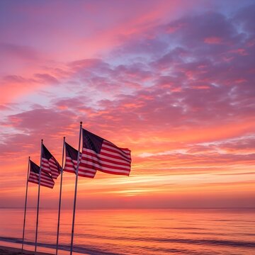 Memorial day tribute with american flags at sunset