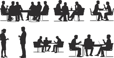 Business people meeting silhouettes collection, corporate discussion teamwork and negotiation scenes, professional office collaboration vector illustration set