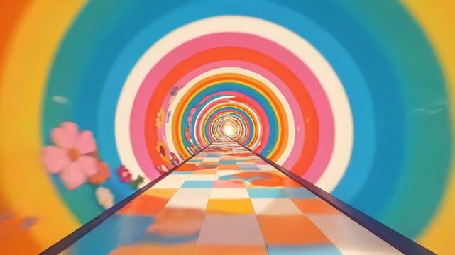 Vibrant psychedelic tunnel with rainbow circles and colorful flowers, creating a retro vibe.