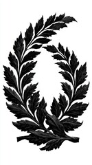 Naklejka premium Black laurel wreath with irregular leaf arrangement and organic hand-shaped silhouette on white background, featuring natural asymmetry, loose spacing, uneven curves, and classic emblem style.