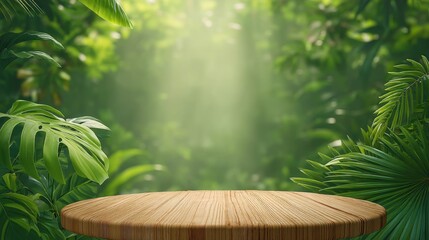 Wooden Table Surrounded by Lush Greenery and Sunlight in a Tranquil Nature Setting
