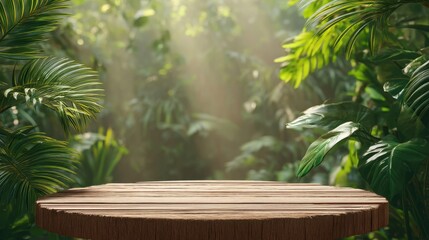Wooden Table Surrounded by Lush Greenery in a Bright Mystic Forest Environment