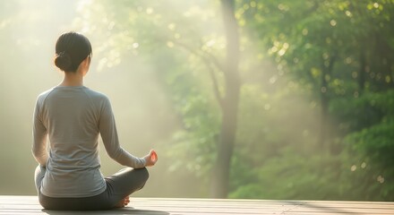 Fototapeta premium Person Relaxing in Meditation Amid Sunlit Fresh Greenery, High-Resolution Image