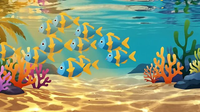 Vibrant cartoon underwater scene with colorful coral and sun rays