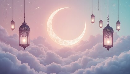 Obraz premium Glowing crescent moon floating among soft clouds against a dreamy sky, symbolizing Ramadan, hope, and spiritual renewal in a peaceful and celestial atmosphere.