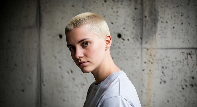 Portrait of a young woman with a buzz cut against concrete.