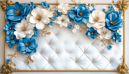 Fototapeta premium A luxurious arrangement of blue and white floral decorations adorns a quilted textured background high-quality