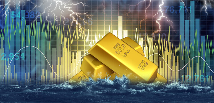 Gold Price Crisis  as a downturn and price drop as a bearish trend and commodity Market Volatility as a falling safe haven investment in precious metals commodities as an asset during difficult stock 