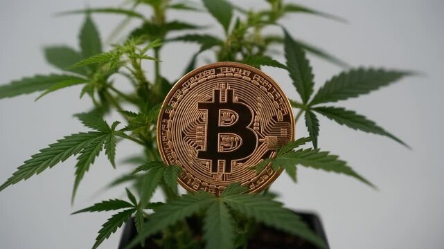A marijuana plant with a bitcoin coin partially hidden amongst its leaves, symbolizing the potential for cannabis business in the cryptocurrency market