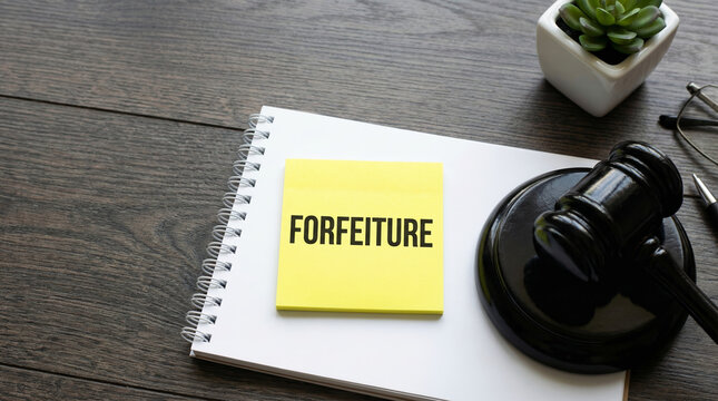 Workplace legal regulation concept with forfeiture note and gavel on wooden desk