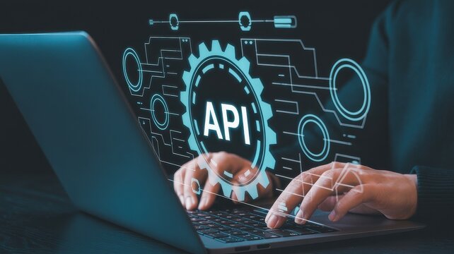 A person interacting with a laptop displaying an api interface