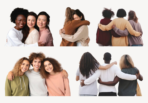 Diverse Friends Embracing Happily Element Design Set