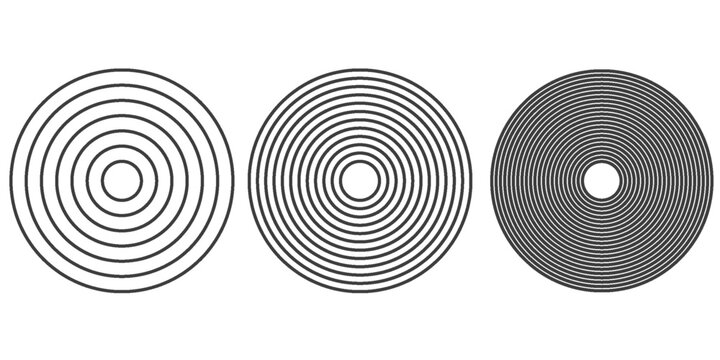 Black concentric circle set. Sonar or sound wave ring collection. Dotted and linear epicentre, target, radar icon concept. Ripple radial signal or vibration elements.