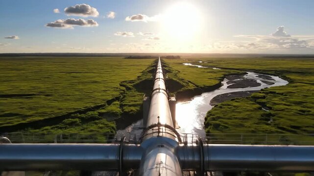 Cinematic shot of the strategic crude oil pipeline distributing energy across the vast green tundra under golden light.