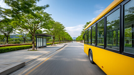 Obraz premium Yellow public bus on a road with motion blur next to a bus stop and green trees. Urban landscape for city transportation.