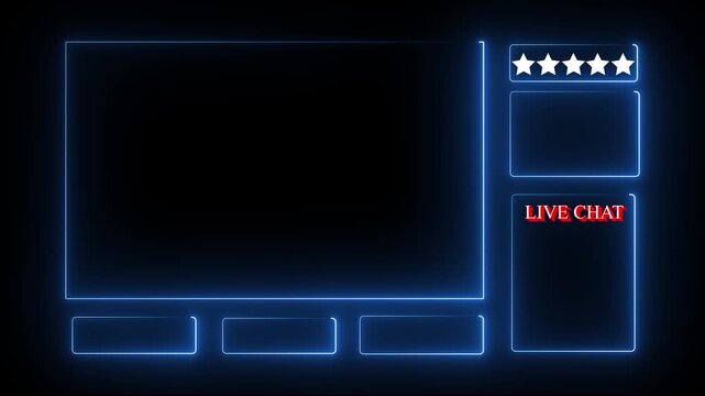 Neon glowing animated intermission stream overlay with hud facecam border, chat frame design for live broadcast visuals. Blue color frame on black background .4k motion graphics video