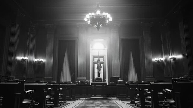 A black and white photo of a room with a large chandelier. Empty senate chamber before a session, quiet stillness, dramatic side lighting, sense of anticipation, cinematic editorial style