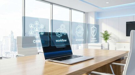 CRM workflow analytics system validation business automation digital transformation enterprise software modules appearing as holographic interface on a laptop in modern office.