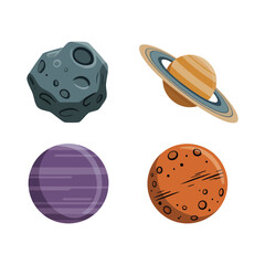 Ringed planet, rocky asteroid, purple world and orange moon icons for space exploration flyer, astronomy club, science project graphics © RA Studio