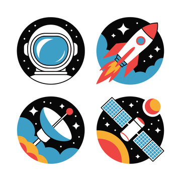 Exploration badges with rocket, planet ring, astronaut visor, communication satellite, kids space camp session materials, STEM night branding vector