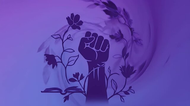 Abstract Purple Background with Floral Accents and a Raised Fist Symbolizing Empowerment and Solidarity in Feminine