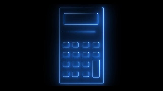 Glowing neon blue color calculator icon animation business finance mathematic education accounting sign symbol on black background. 4k animation video.
