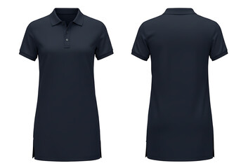 Navy blue polo dress displayed on white backdrop showcasing front and back views for fashion retail, studio shot.